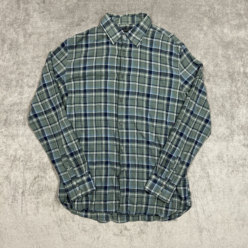 John Varvatos Shirt Mens Button Up Medium Blue Gray Checked Lightweight Casual